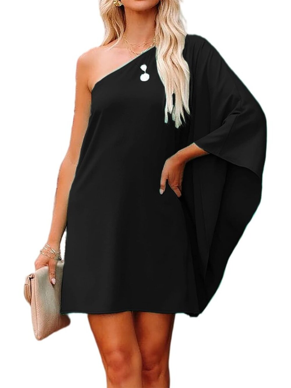 Women's Short Wedding Guest One Shoulder Dresses Formal Batwing Sleeve Club Part - Picture 3 of 5